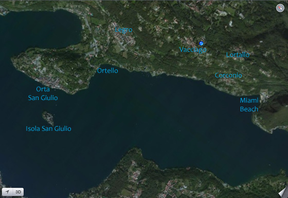 Aerial View from Google Maps (believed to be Summer 2012) of the south part of beautiful Lake Orta, showing the villages where some of the holiday apartments are located